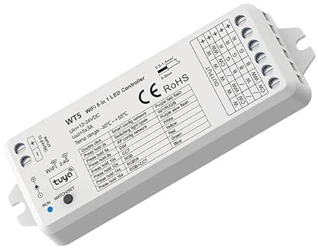 AstraLED - WT5 Controller LED Dimmer Wi-Fi 5 in 1 per Strisce Led con Ingressi App per Smartphone Tuya, Alexa, Google Home, Telecomando RF. Perfetto per Strip Led RGB, RGBW, RGB+CCT, Bianco Dinamico