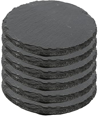 Mini Plato Llano de Pizarra Natural, Platos para Sushi, Plato de Pizarra con Caja de Bambú, Bandejas para Servir Alimentos Quesos, Tapas Sushi, Negro, Tablas de Piedra Redonda 10 cm - 6 Unidades