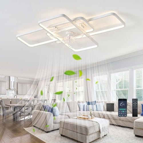 80W Grande Ceiling Fan with Light Moderno Dimmable LED Ventilador Techo Con Luz Y Mando A Distancia Reversible 6 Velocidades Silencioso Lámpara Ventilador Techo Para Salón Dormitorio-White||72cm
