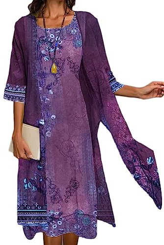 shownicer Ensemble Deux Pièces Robe Femme d'Été Imprimé Floral Robe Mi Longue Chic Et Elegant Casual Tulle Cardigan Maxi Robe Cérémonie Soiree