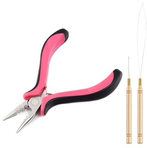 Vlasy Hair Extensions Pliers Kit, 3PCS Professional Hair Extensions Tool Kit with 3 Holes Hair Extension Pliers, Loop Needle Threader and Pulling Hook Needle for Nano Beads and Microlink Beads (Pink)