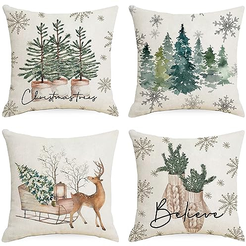 4 Stück Weihnachtskissenbezug Leinen, Weihnachtskissen Nostalgie 45x45cm, Weihnachten Deko Innen, Kissenbezug Weihnachten, Weihnachtsdeko Amerikanisch Kissen Bezug für Sofa Schlafzimmer Bett Auto (A)
