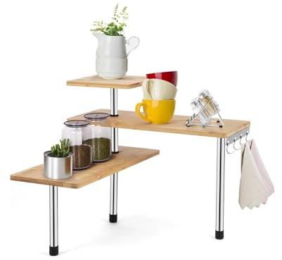 Mensola Scaffale Angolare per Cucina 3 Ripiani Legno Bambù Struttura in Acciaio Mobile Angolare Portaspezie Portaoggetti in Bamboo con Ganci