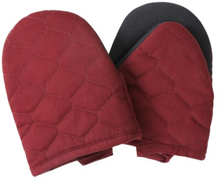 Glynniss Heat Resistant Mini Oven Mitts, 2 Pcs of Short Silicone Oven Mits, Non-Slip Grip Surfaces Kitchen Gloves for Cooking, Machine Washable with Hanging Loops Oven Gloves (5.5x7 inches, Wine)