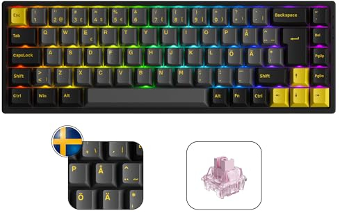 AKKO 3068B Plus RGB Mechanische Gaming Tastatur, 5-poliger Hot-Swap Tastatur, ISO-DE Layout, 3 Modes (BT5.0/2.4Ghz/Typ C) Kompakte Mini Tastatur mit Hotswap (Schwarz & Gold, V3 Creme-Gelb)