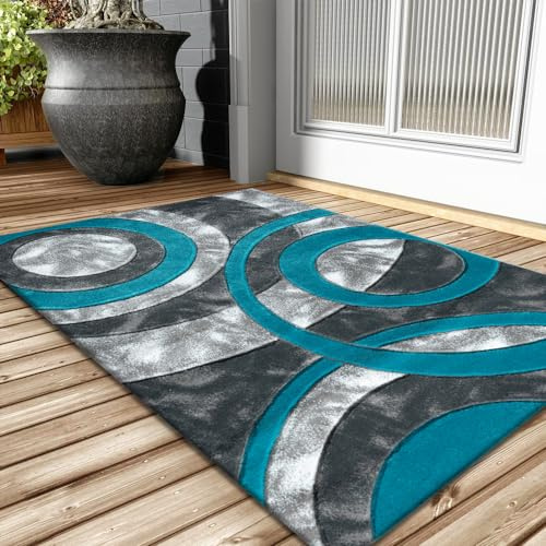 PHP Door mats and rugs for Indoor Use, Super Soft Dense Pile Non Shed Circle Design Shaggy Small Rug Runner for Bedroom Living Room Kitchen - 50 x 80 cm, Teal