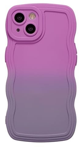 ZCDAYE Compatible with iPhone 14, Cute Neon Rainbow Gradient Color Curly Wave Frame Camera Protection Soft TPU Shockproof Case Cover for iPhone 14 (6.1 inch), Purple&Grey