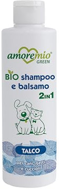 Amore Mio | Bio Shampoo e Balsamo 2in1 per Cani Gatti e Cuccioli, Detergente Pelo, Districante, NO Alcool e Parabeni, Profumazione al Talco - 250 ml