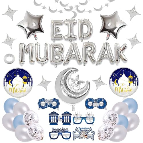 FINEVERNEK Décoration Eid Mubarak Ramadan - Ballons Argentés pour Fête de l'Aïd, Décoration Islamique et Anniversaire