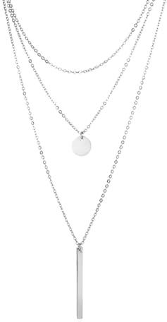 ANAZOZ Layering Kette Silber 3 Reihig, Mehrlagige Halskette Damen Edelstahl 36/38/49+4cm Rolo-Kette mit Vertikalem Stabanhänger