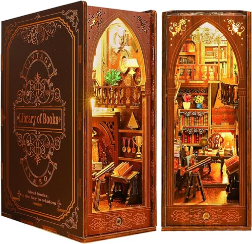 Quanquer Book Nook Kit avec Bibliothèque Amovible,Bibliothèque Maison de Poupée Booknook Insert de Bibliothèque Decor Alley, DIY Kit Maison Miniature avec Lumière LED pour Adultes 14+