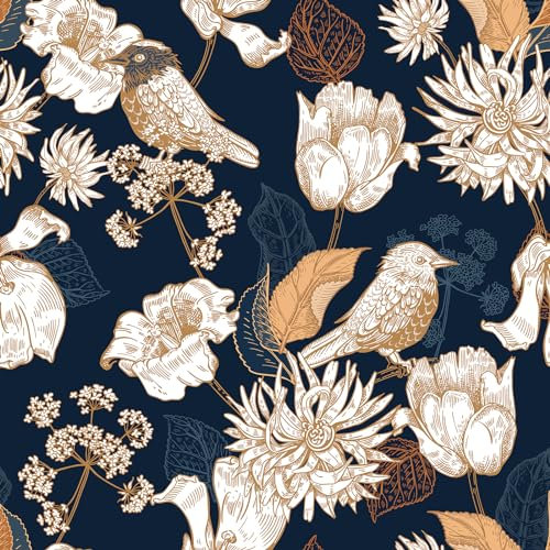VaryStyle 17.7x393 Navy Blue/Gold Floral Wallpaper Peel and Stick Wallpaper Birds Vintage Gold Contact Paper for Drawers Walls Murals Waterproof Vinyl Decorative Bird Wallpaper for Bathroom Shelves