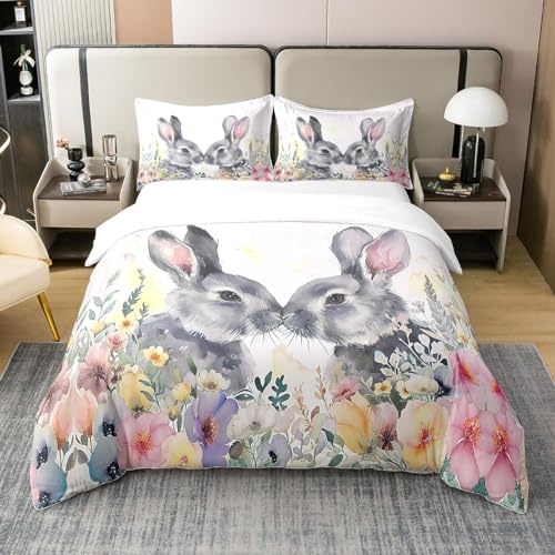 Homemissing Süßes Kaninchen-Bettwäsche-Set, Einzelbett, Kinder-Bettwäsche-Set mit Ostermotiv, für Jungen, Mädchen, Teenager, Paare, Hasen, 100 % Baumwolle, Bettbezug, Cartoon-Häschen, Blumendruck,