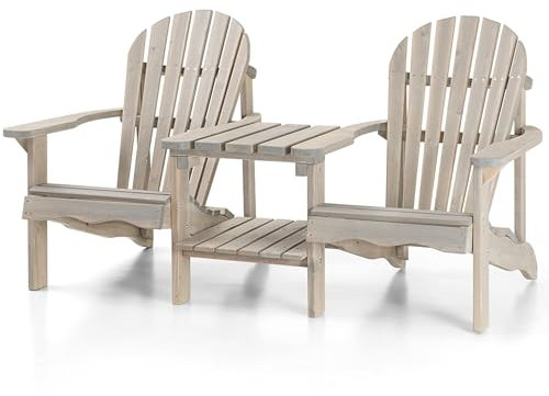 Amata Double Adirondack Stuhl mit Tisch für Draußen, UNGURS Collection - Komfort für Zwei - Wetterfester Holzstuhl für Terrasse, Hinterhof und Garten Feuerstellen - Ergonomisch und Langlebig (Grau)