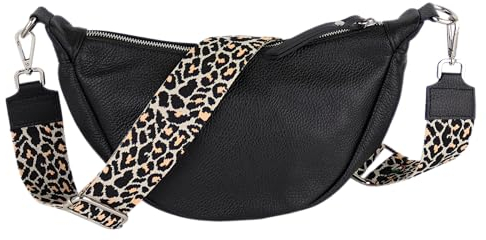 MIRROSI® Damen Runde Tasche Umhängetasche 33x17x10cm Damen, Made in Italy, aus Echtleder Bauchtasche Echtes Leder, Brusttasche, Crossbody Bag,Bohemian Style (1 Tasche 2 Gurte) (Schwarz Leopard)