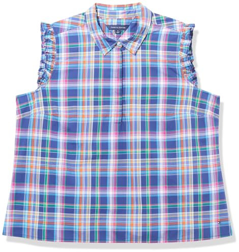 Tommy Hilfiger Women's Sleeveless Plaid Ruffled Sportswear Top, Blue Multi, 1X