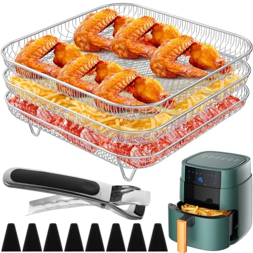 Griglia quadrata per friggitrice ad aria a 3 strati, 20 x 20 x 4 cm, griglia per friggitrice ad aria, griglia in acciaio inox, impilabile, accessori per friggitrice ad aria Ninja, con clip