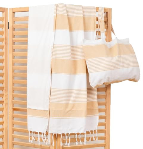 TRAMAS+ Pareo Toalla Grande, Toallas Multiusos Complementos Playa Mujer, Fular Chal para el Mar y Piscina - Raya Algodón Amarillo Mostaza Pack
