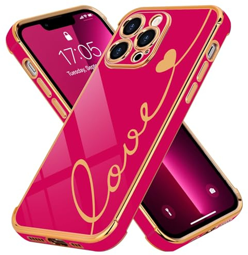 LCHULLE for iPhone 13 Pro Max Case for Women Girls,Cute Love Heart,Hot Pink | Luxury Plating Pattern Design, Pretty Girly Phone Cover, Full Camera Lens Protection, Raised Shockproof Protective TPU Bumper