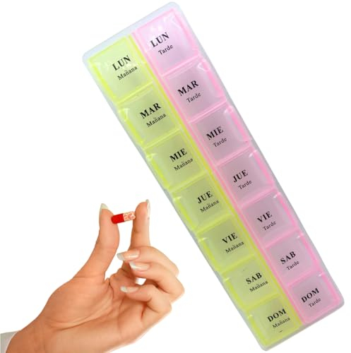 Pastillero Semanal en Español 2 Tomas, Organizador Pastillas 14 Días y Dispensador Comprimidos para Viaje