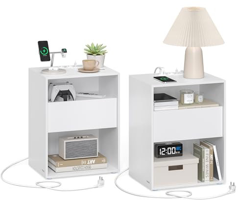 VASAGLE Table de Chevet, Assemblage sans Outils, Lot de 2, Table d’Appoint avec Multiprise et Tiroir, Moderne, Chambre, Salon, Blanc Mat LET776W01