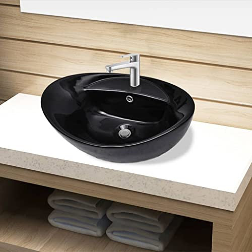 JUDYY Lavabo de cerámica con Agujero para Grifo/desagüe, Lavabo sobre Encimera, Lavabo Baño, Muebles De Baño, Mueble Lavabo, Negro Ovalado