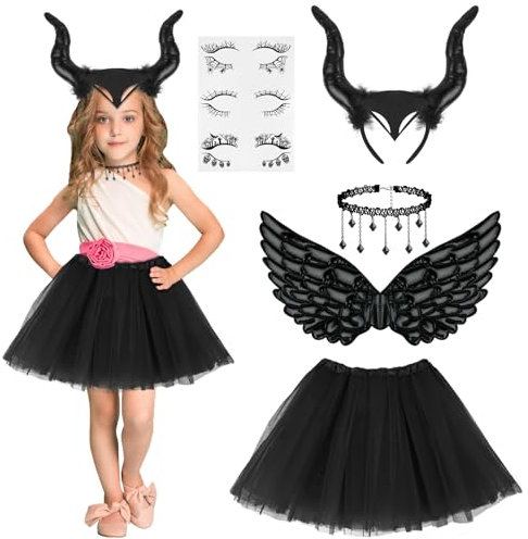 ACWOO Teufel Kostüm Mädchen, Malefi-cent Kostüm Mädchen, 5 Stück Königin Hörner Kostüm, Maleficent Karneval Kostüm Mädchen, Halloween Kostüm Damen Teufel für Halloween Karneval Fasching Cosplay Party