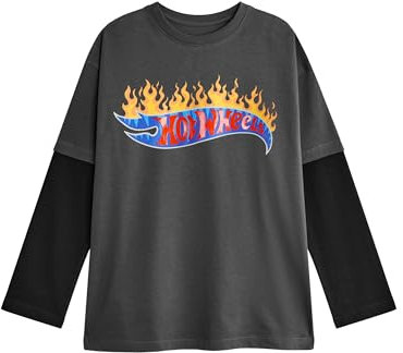 Hot Wheels Boys Skater Long Sleeve T-Shirt | Kids Flame Logo Graphic Tee in Grey & Black | Iconic Racing Car Apparel Top | Toy Car Collectors Merchandise Gift