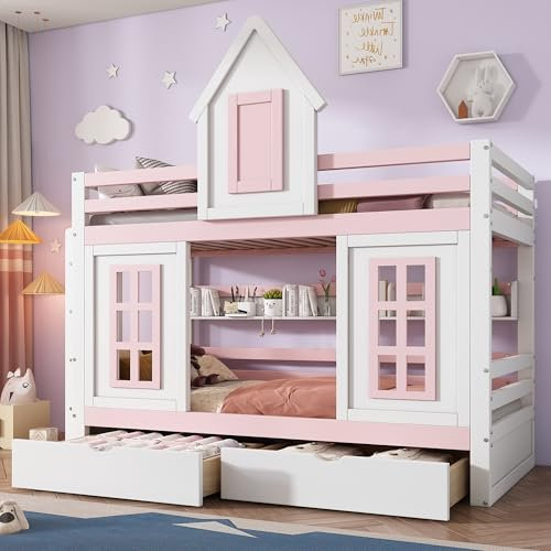 Etagenbett, Prinzessinnenbett, Kinderbett, Kinderbett mit Dach und Fenster, mit Fallschutzgitter, stabiles Geländer, Zwei Schubladen mit Rollen, Offenes Regal, Reichlich Stauraum, Kiefer+MDF, Weiß+Ros