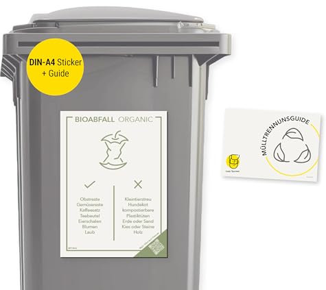 Frank Paperman® | Aufkleber Mülltrennung | Altglas blaugrün | selbstklebend | DIN-A4-Format 29,7 cm x 21 cm | Mülltonnen Aufkleber auf Deutsch & Englisch mit QR-Code (1 Biomüll, A4)