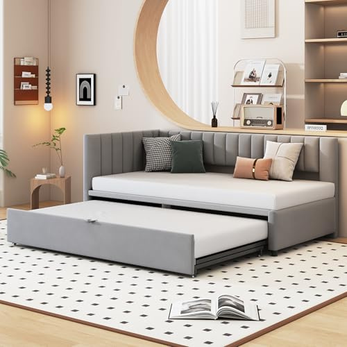 Huayz Ausziehbares Schlafsofa 90/180×200cm,Polsterbett, mit Lattenrosten, Multifunktionsbett aus hautfreundlichem Samtstoff Grau，Design für Kinderbett, Gästebett, L-förmiges (Hellgrau)