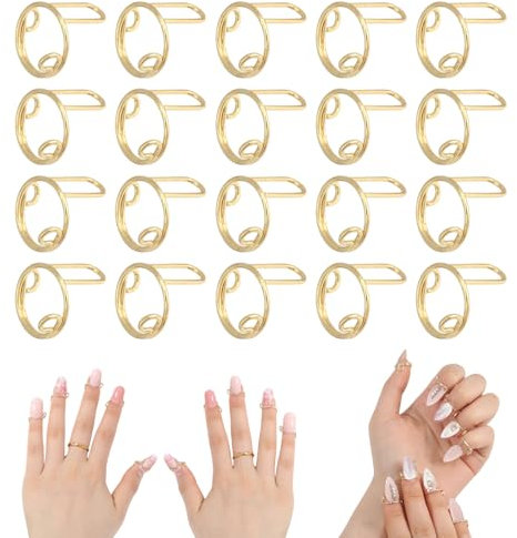 GLOBLELAND 20 Pcs Gold Wudu Nail Ring Adjustable Brass Fingertip Rings for Acrylic Nails Metal Nail Rings for Women Artificial Nails Nail Art Decoration