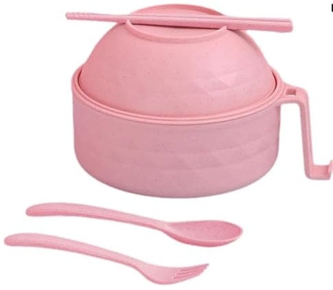 Ramen Bowl Set,Microwave Ramen Bowls with Spoon,Fork,Chopsticks, Instant Noodles Bowl with Phone Holder, BPA-Free Mixing Bowl for Salad, Pasta, Soup, Home, Office Pink