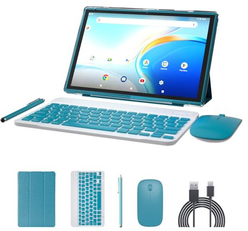 NOVOJOY 2 in 1 Tablet 10 Inch Android 14 OS Tableta, Tablets with Keyboard, Mouse, Case, Stylus, 64GB ROM+8GB RAM, 2MP+8MP Dual Camera, Quad Core Processor, 6000mAh Battery, 10.1 in FHD Tab Navy.