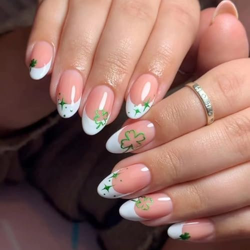 St Patricks Day False Nails with Glue, Short Press on Nails Almond, Green White French Short Nails Acrylic Glue on Nails, Long Lasting Green Stick on Nails for Women, 24PCS