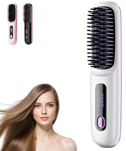 Numoya Go Brush Pro, SchnellheizbüRste Go Brush Pro Hair Numoya für Lockiges Haar, Kabellose HaargläTterbüRste Mit Temperaturanzeige, 3 Temperaturen, Tragbare GläTtungsbüRste für Unterwegs (Weiß)