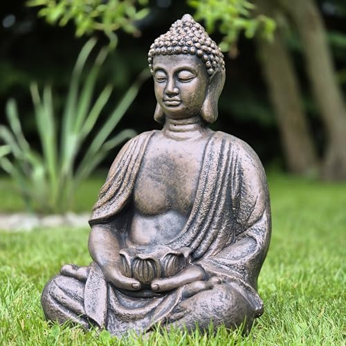 FABRIQ Große Buddha Statue 40 cm – 12 kg Steinguss – Copper – Wetterfest & frostsicher – Garten & Innenbereich