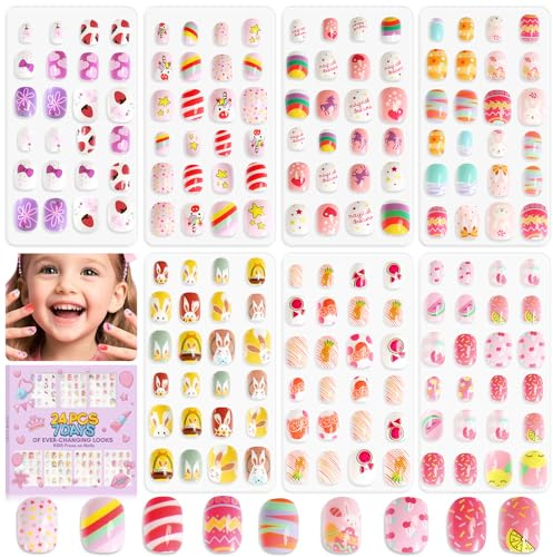 SAVILAND 168 Pieces Kids Stick on Nails: 7 Days Of Ever-Changing Looks Press on Nails for Kids 8-12 Years Pre-Glue Full Cover Fake Nail for Girls Kid Parties Sleepovers Makeovers LittleNailArtist