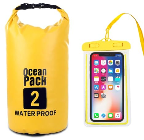 Dry Bag 2L, Wasserfester Packsack, wasserdichter Rucksack, Wasserdichte Taschen Seesack Packsack mit IPX8 wasserfester Handyhülle für Boot, Kajak, Angeln, Rafting, Schwimmen, Camping und Strand