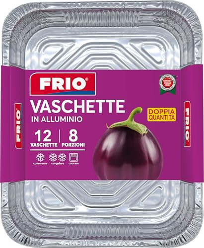 FRIO Vaschette in Alluminio 12 Pezzi Rettangolari 8 Porzioni 32x26,5x5,5 cm – Teglie Ideali per Catering, Rosticceria e Take Away, Forno e Freezer, Perfette per Conservazione e Preparazione dei Cibi