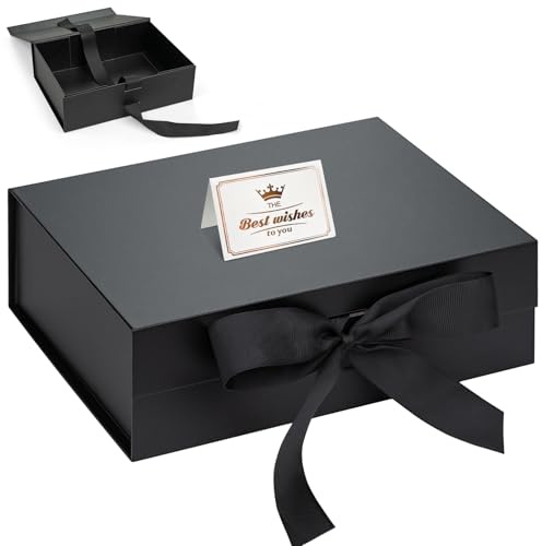 Samlior Geschenkbox 23x17x7cm, Geschenkkarton mit Magnetisch Deckel und Schleife Grußkarten, Geschenkboxen für Geburtstag Hochzeit Jubiläum Weihnachten- Schwarz
