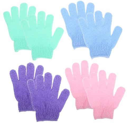 Peeling Duschhandschuhe aus Nylon, 4 Paar, Einheitsgröße für Dusche | Vollhand Kontrolle, Elastisches Design mit Aufhänger, für Arme und Rücken bei Rasur Zufällige Farbe