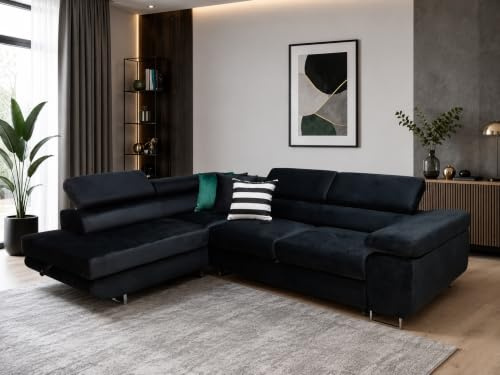 KMK GNYCH Sofa Aston 275x202x90 cm, Schlaffunktion, Marineblau, Links | L-Form Ecksofa, Modern Couch mit Bettkasten, Weiches Sofa fürs Wohnzimmer, Schlafsofa, Eleganter Monolith Stoff