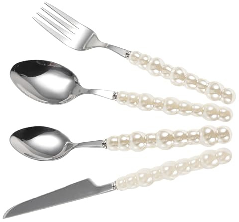 VERDANVERSE Posate da Bistecca in Acciaio con Manici in Perla Beige Design Ergonomico e Resistente al Calore per Uso Quotidiano e