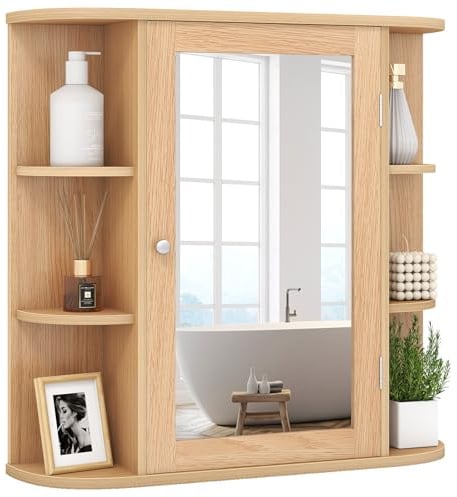 COSTWAY Spiegelschrank Bad, 4 Fächer & 6 offene Ablagen, Badezimmerschrank mit Spiegel, Badschrank hängend, Badezimmer Hängeschrank, Holz, 66 x 17 x 63cm (Natur)