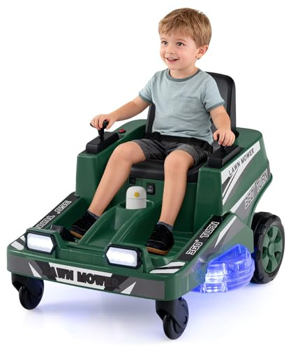 COSTWAY 12V Voiture Électrique Enfants avec Fonction de Tonte, Tondeuse Autoportée Électrique Enfant avec Lumières LED, Rotation à 360°, 2,8 km/h, Charge 35 kg pour 3-8 Ans (Vert)
