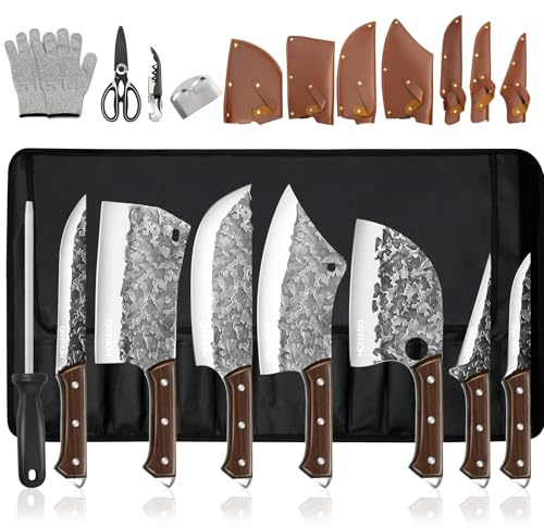 MDHAND Metzgermesser Set, 14pcs Küchenmesser Set mit Rolltasche, Scharfes Hackmesser Messerset, High Carbon Steel Kochmesser Fischmesser für Küche, Camping, BBQ