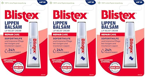 Blistex Lippenbalsam | Pflege für trockene Lippen | 3 x 6 ml | Mit Jojobaöl, Bienenwachs & Shea-Butter | LSF 15 | Cremige Textur | Dermatologisch getestet