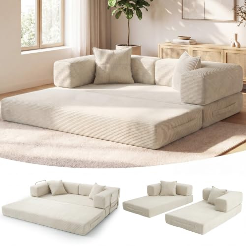 Vipbear 3 Seater Boneless Sofa Bed,Modular Convertible Couch,Pull Out,Cream | 5-in-1 Folding Double Futon Sofa Bed|Corduroy Fabric|2 Memory Foam Pillows|Sectional Compressed Couches|200cm for Living Room