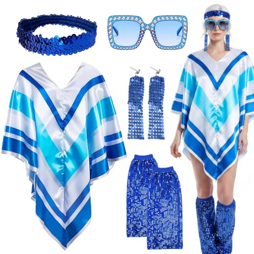 Xietaea 70er Jahre Abba Kostüm Damen - Disco Outfit Set mit Poncho Glitzer Stirnband Ohrringe und Sonnenbrille, Pailletten Beinwärmer für Karneval Fasching Party Halloween Verkleidung